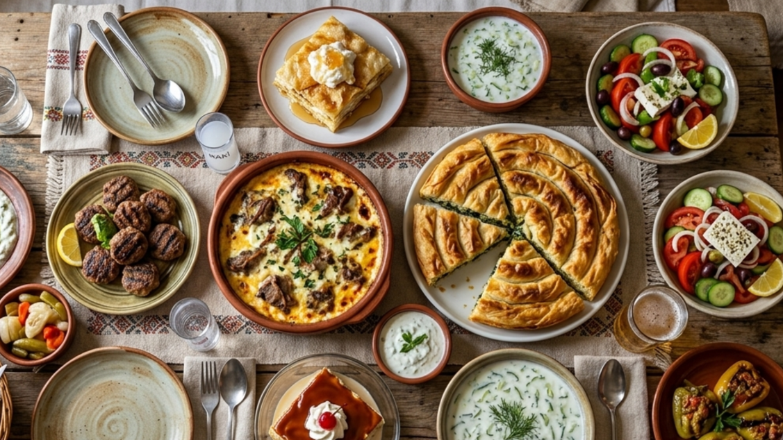 A top-down view of a rustic wooden table filled with traditional Albanian dishes, including Tavë kosi, spiraled byrek, kofte, tarator, and trileçe.