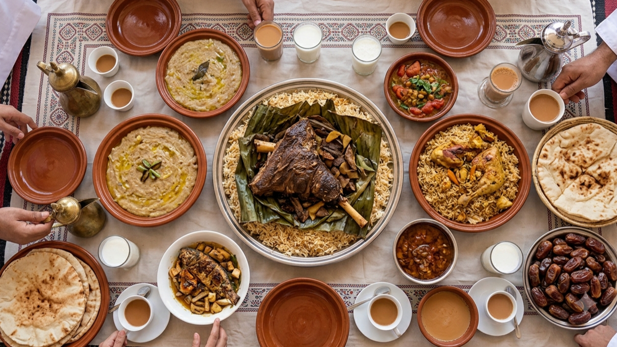 A top-down photograph of a traditional Omani feast laid out on a patterned tablecloth, featuring a large central platter of slow-cooked Shuwa meat on a bed of rice and banana leaves.