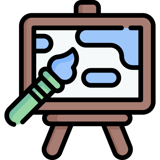 A simple cartoon painting easel and paintbrush.