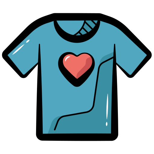 A simple cartoon blue t-shirt with a red heart.