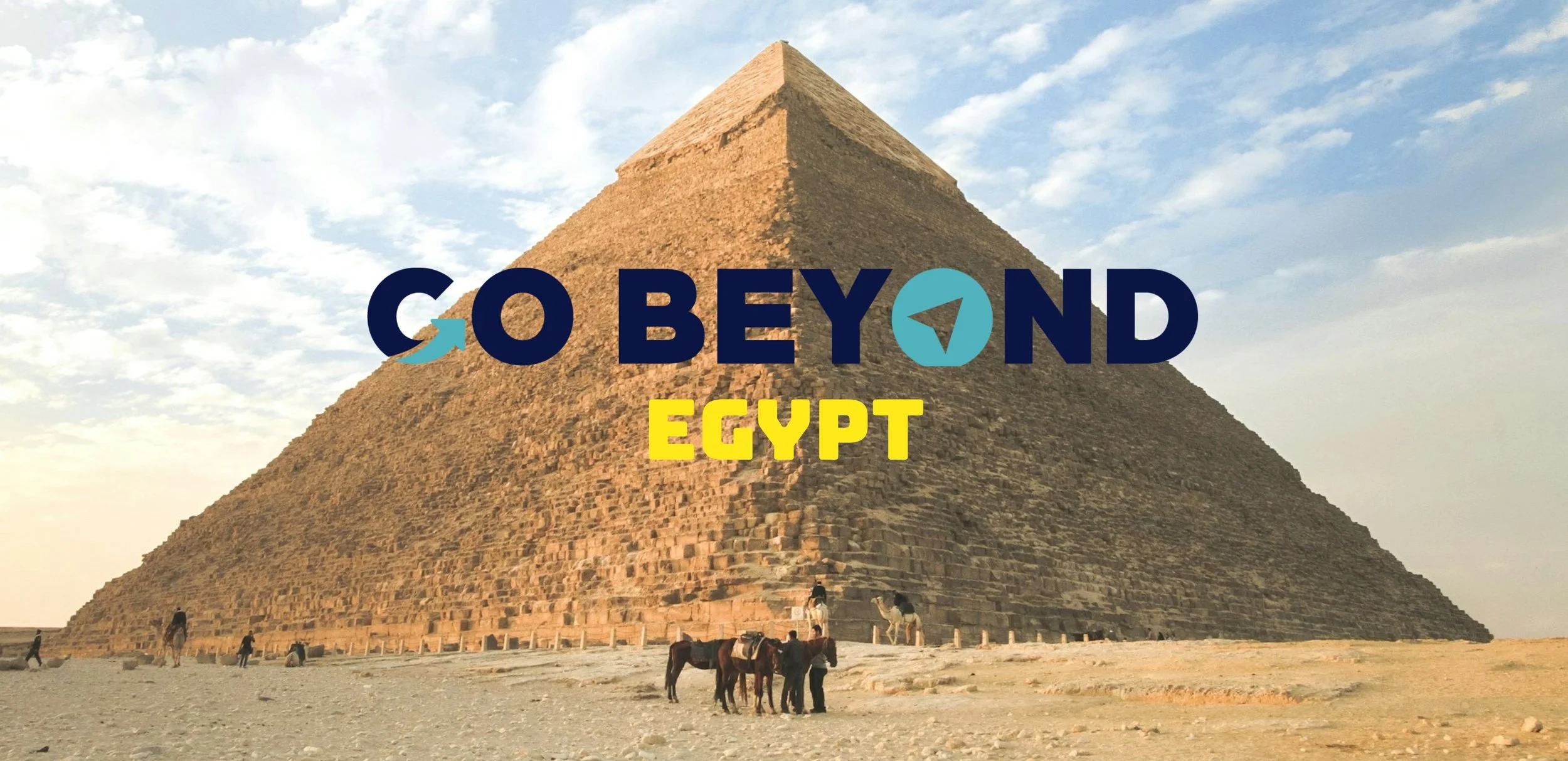 A promotional graphic featuring a large pyramid with the bold text "GO BEYOND EGYPT" overlaid in navy blue and yellow.