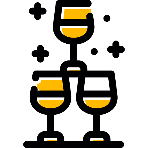A stylized icon of three wine glasses stacked in a pyramid, filled with yellow liquid and surrounded by decorative sparkles.