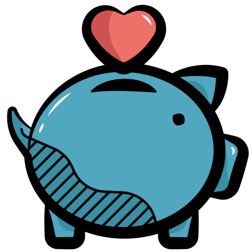 A blue piggy bank illustration with a red heart floating above the coin slot.