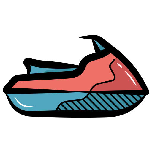 A red and blue personal watercraft icon with a bold black outline.