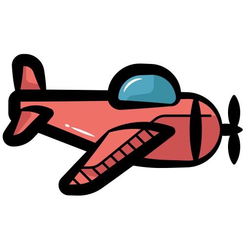 A small red propeller plane icon with a blue cockpit window and black propeller.