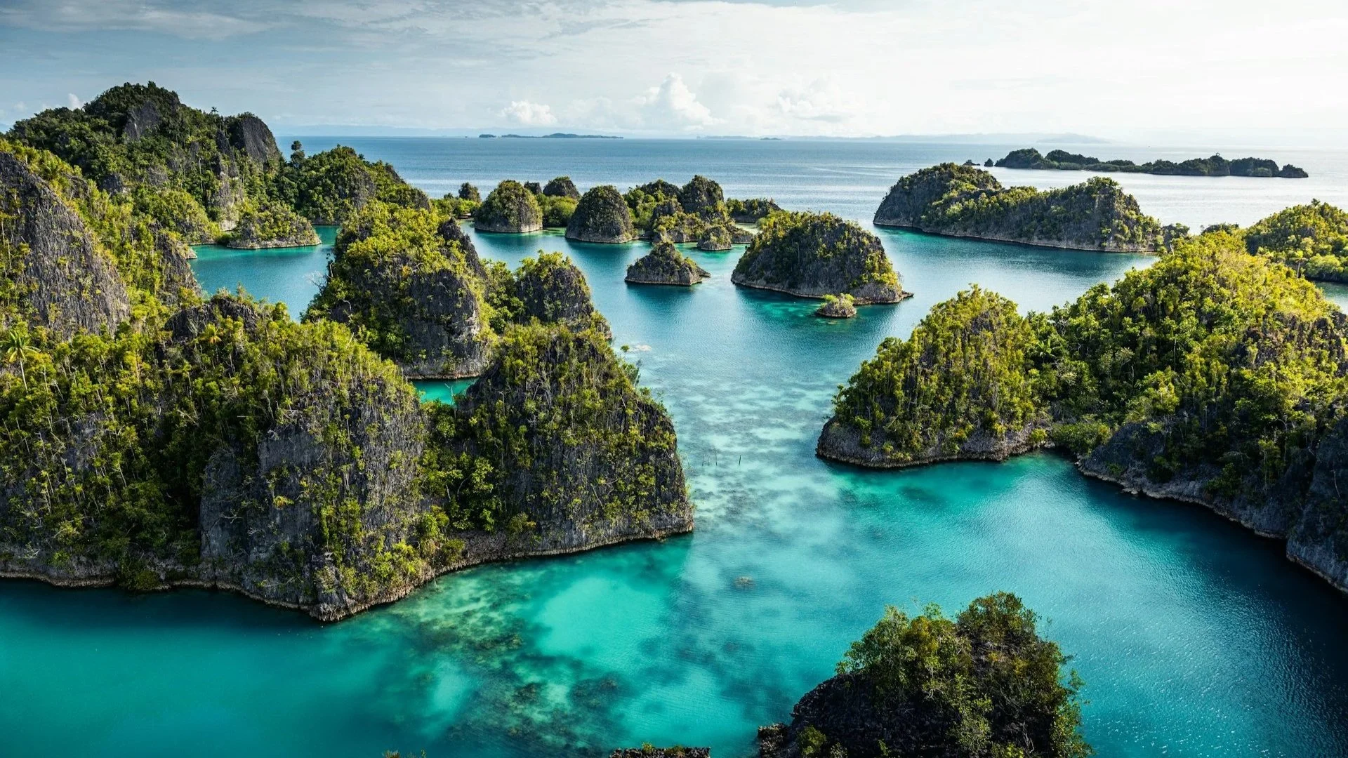 An aerial view of the iconic limestone karst islands and turquoise lagoons of Raja Ampat, Indonesia.