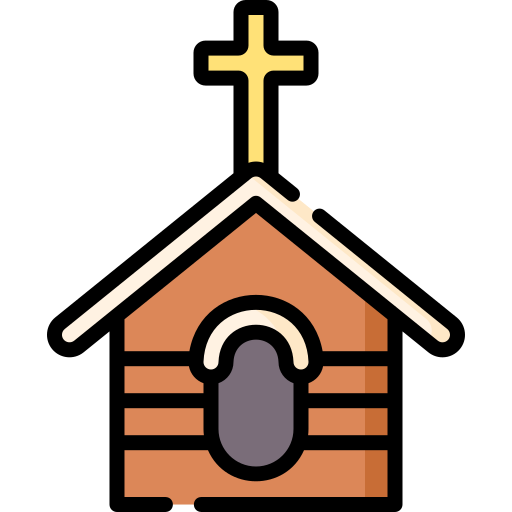 A simple icon of a wooden church with a large cross on the roof and a dark arched entrance.