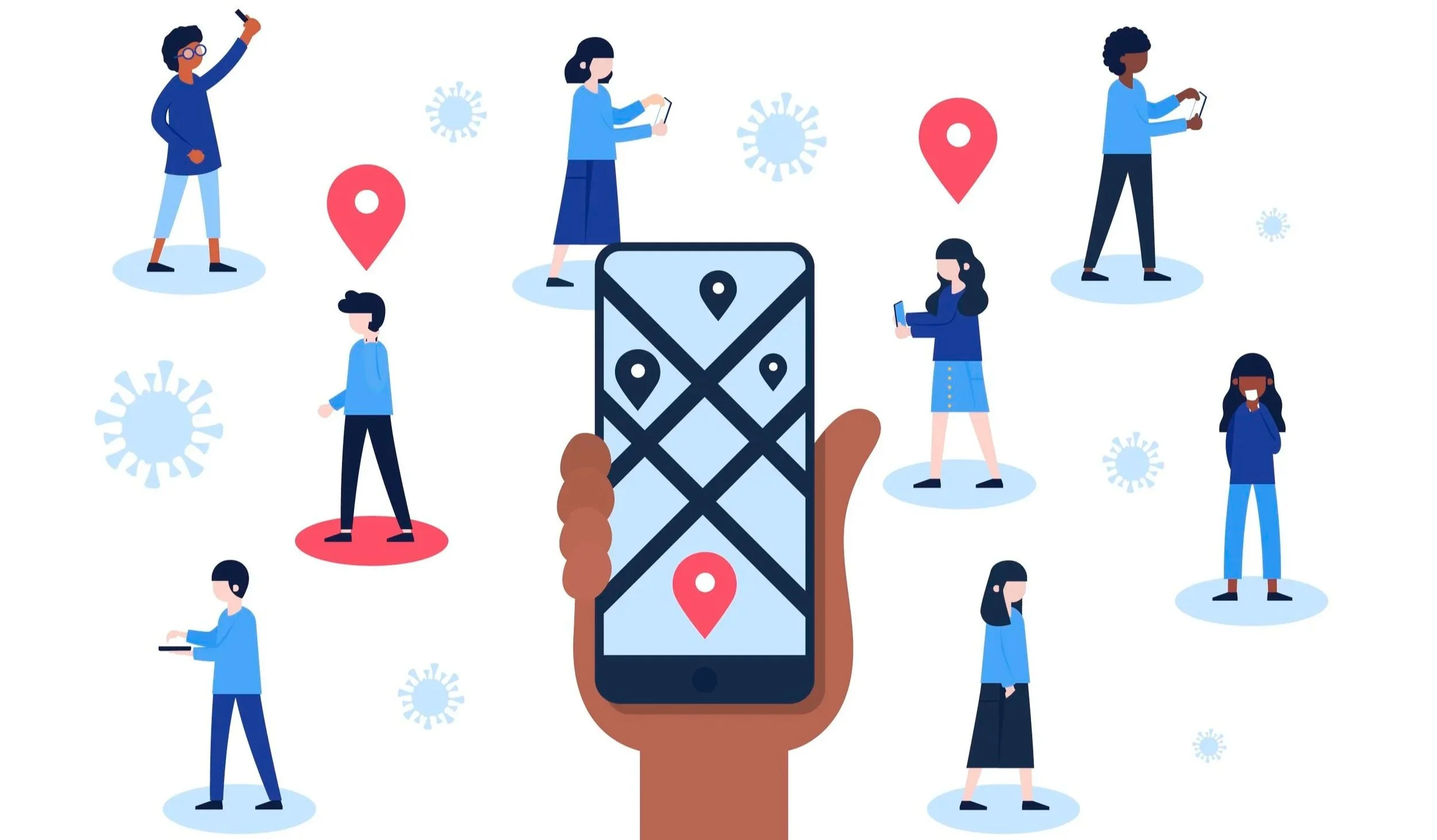 A digital illustration of various people being tracked on a smartphone map with red location pins and virus icons in the background.