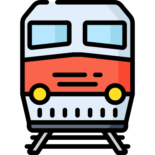 A front-facing illustration of a modern passenger train with a red band and yellow headlights.