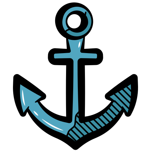 A stylized cartoon illustration of a blue marine anchor with bold black outlines.