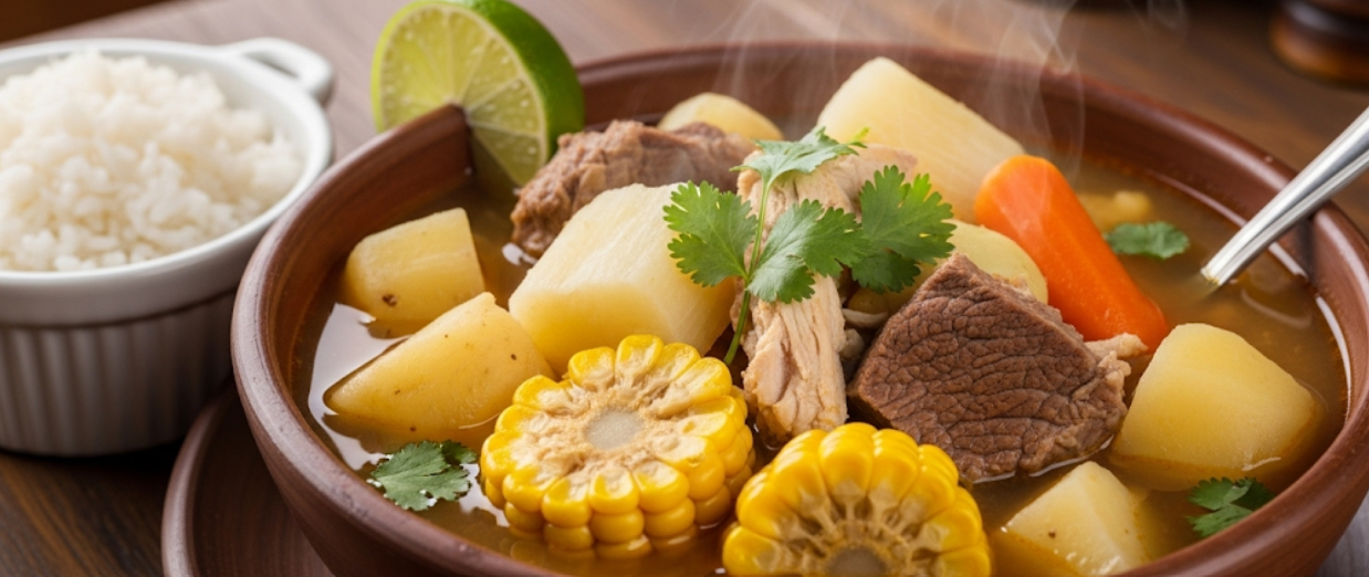 A big bowl of sancocho on a table with a side of white rice.