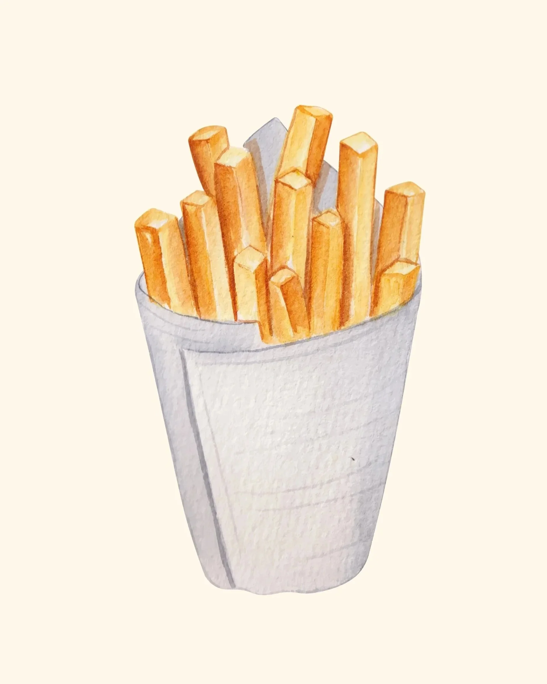 Watercolor illustration of golden crispy French fries served in a paper cone.
