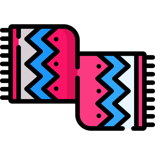 A colorful icon of a folded scarf with pink, blue, and grey zigzag patterns and fringed edges.