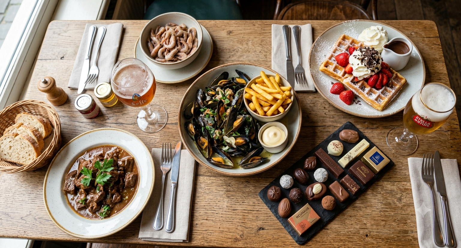Flat-lay spread of traditional Belgian cuisine including mussels and fries, beef stew, waffles with fresh strawberries, artisanal chocolates, and Belgian beer.