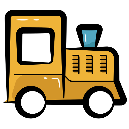 A stylized cartoon illustration of a yellow train locomotive or tractor engine.