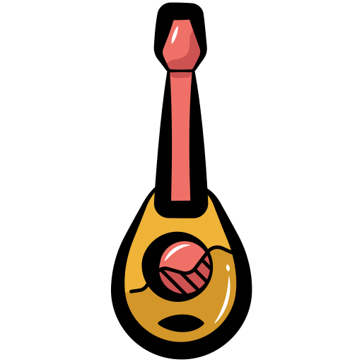 A simple cartoon icon of a mall guitar with a circle base