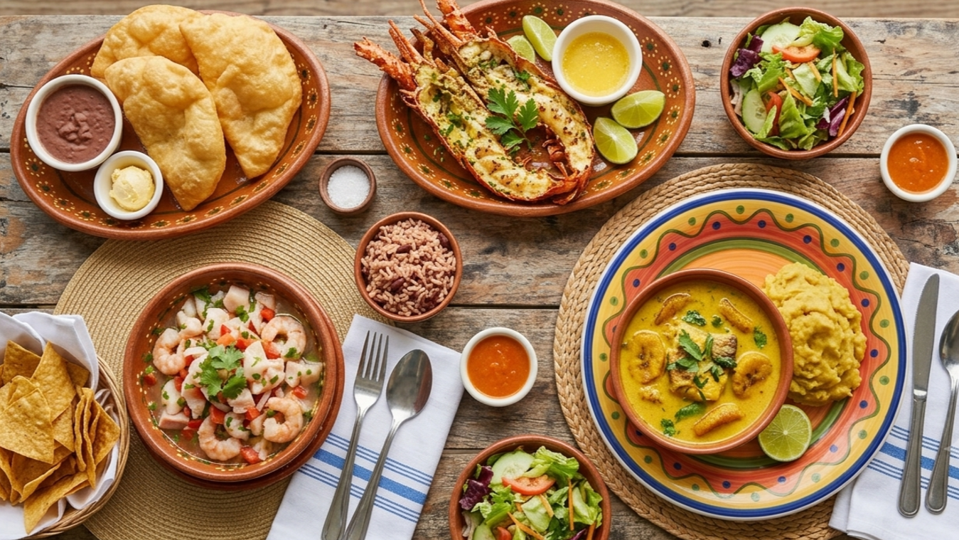 A top-down view of a wooden table spread with traditional Belizean dishes, including grilled lobster, a bowl of fresh seafood ceviche with tortilla chips, golden fry jacks with beans, and hudut fish stew served with mashed plantains.