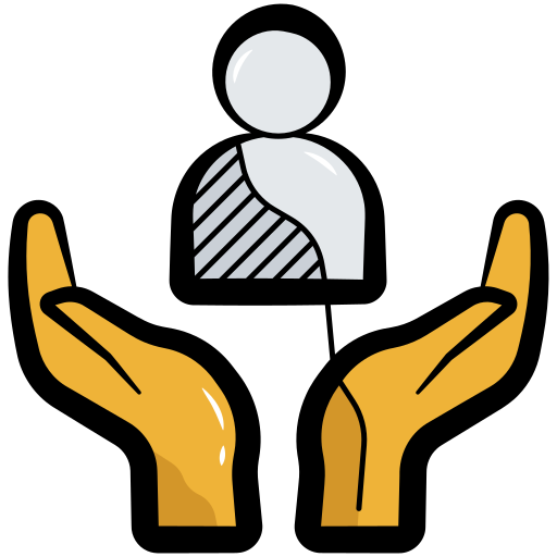 A simple cartoon icon of hands holding up a person icon.