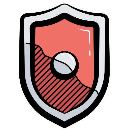 A red and silver heraldic shield illustration featuring a diagonal hatched pattern and a central silver circle.