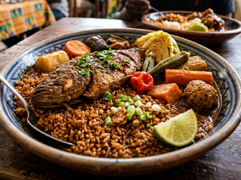A bowl of traditional Senegalese Thieboudienne featuring a whole fish over seasoned rice and vegetables.