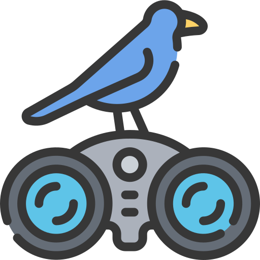 A stylized cartoon icon featuring a blue bird perched on top of a pair of gray and blue binoculars.
