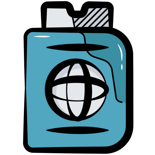 A blue passport icon featuring a white globe symbol on the cover.