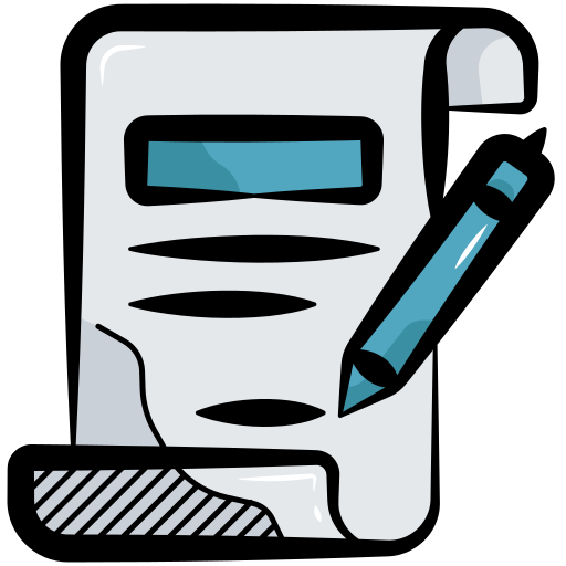 A simple cartoon icon of a document and a pen.