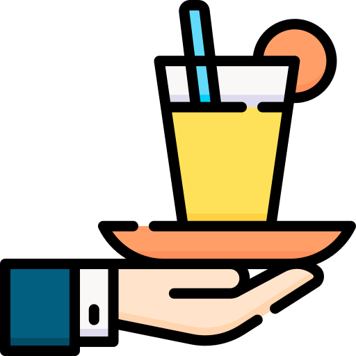 A simple cartoon-style hand with a serving tray and yellow drink