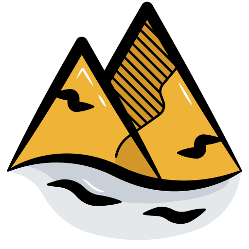 A bold graphic of two golden-yellow pyramids set against a light blue, wavy base representing water or sand.