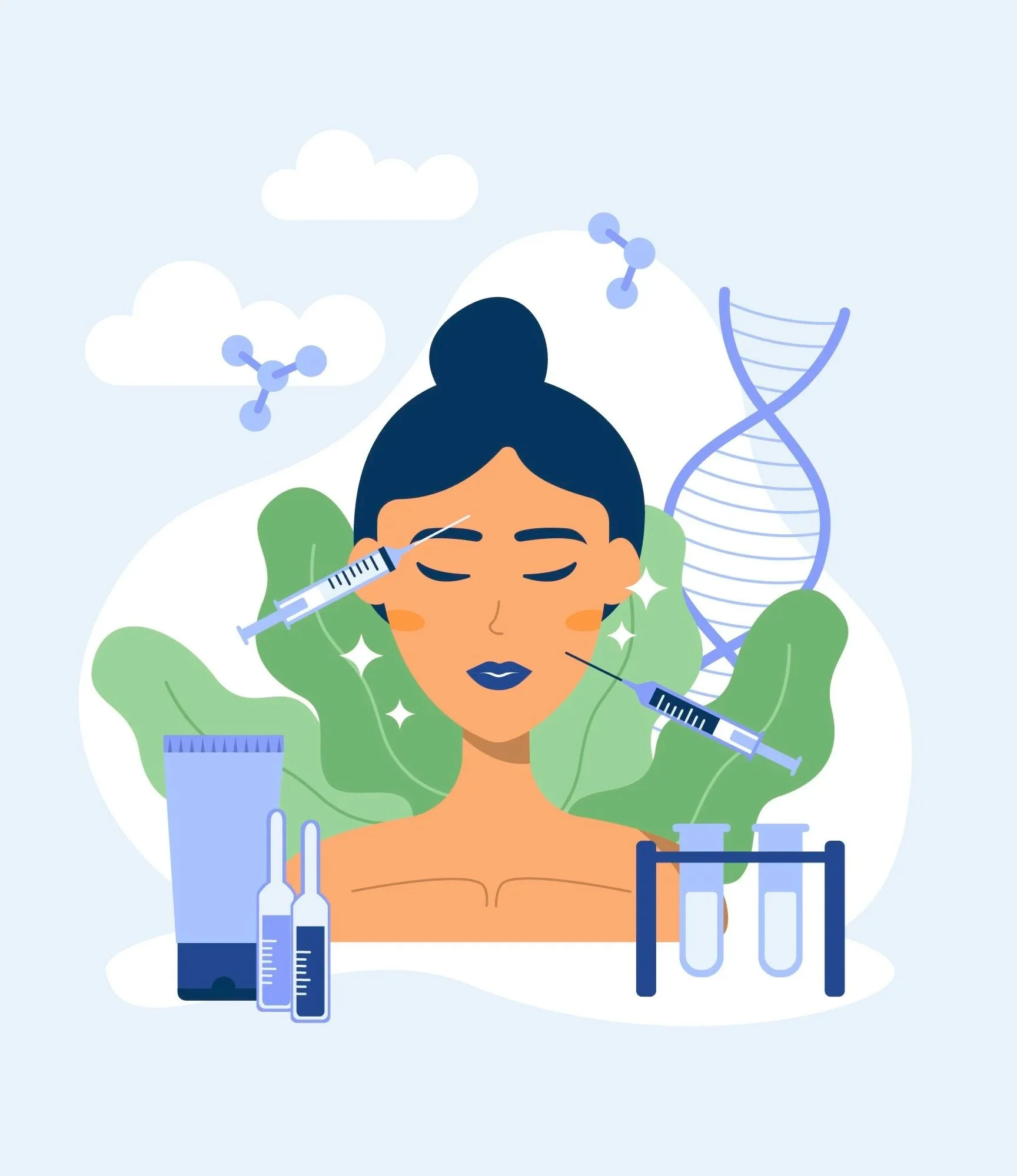 A flat vector illustration of a woman receiving facial cosmetic injections, surrounded by scientific symbols like DNA strands and test tubes.