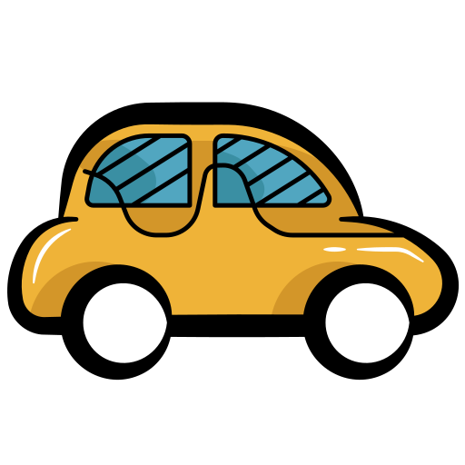 A stylized cartoon illustration of a compact yellow car facing right.