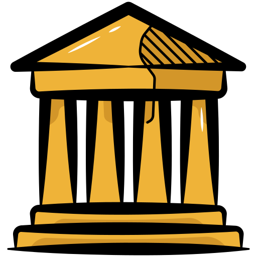 A stylized, golden-yellow illustration of a Greek temple with thick black outlines and a cracked pediment.
