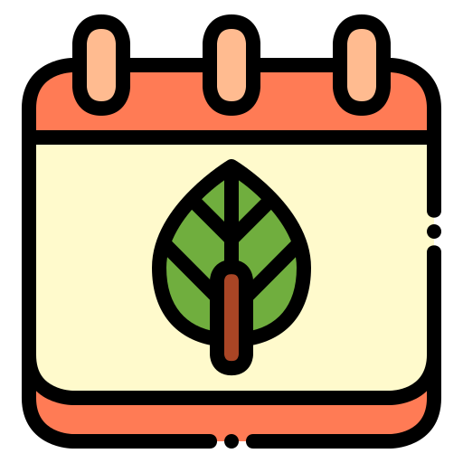 A simple calendar icon featuring a green leaf, representing seasonal planning or environmental dates.