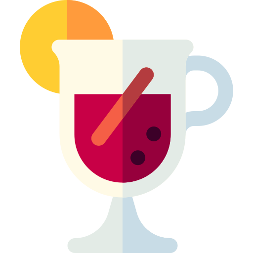 A simple cartoon icon of a glass of mulled wine with a cinnamon stick and orange slice.
