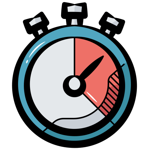 A cartoon stopwatch icon with a blue frame, featuring a red highlighted section tracking a specific interval of time.