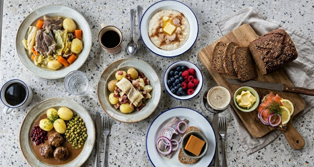 A top-down view of a table spread with traditional Norwegian dishes, including meatballs, salmon, rye bread, and berries.