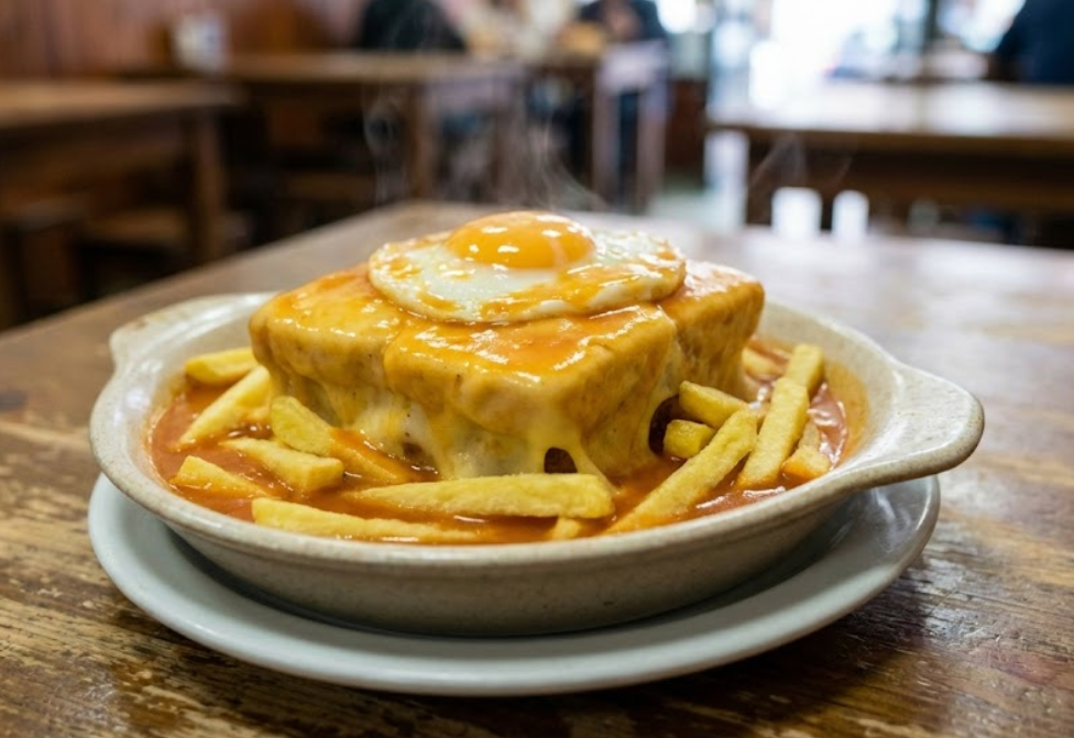 A steaming Francesinha sandwich topped with a fried egg and surrounded by fries in a thick savory sauce.