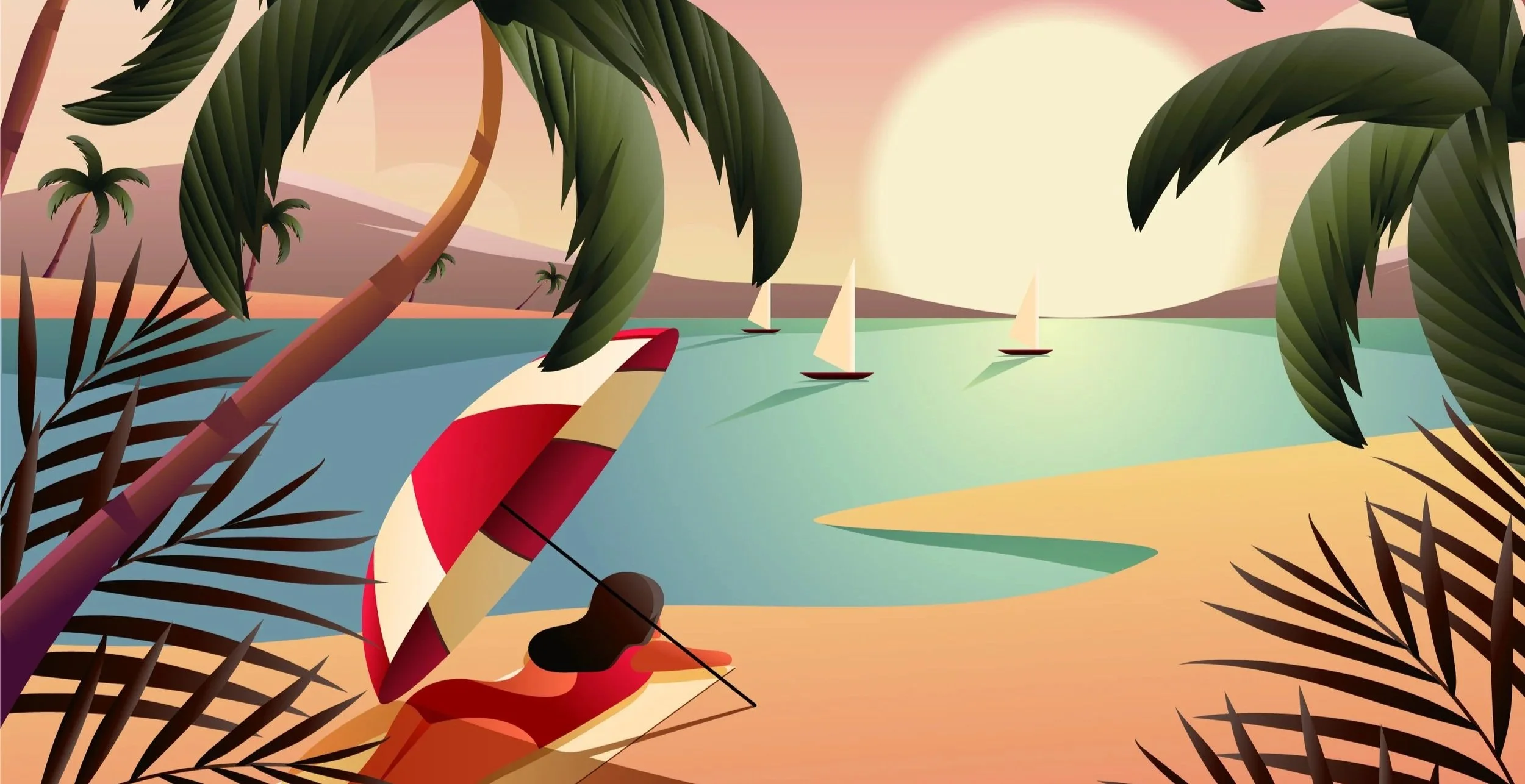 A vector illustration of a woman relaxing on a sandy beach under a red and white umbrella, framed by palm trees with sailboats on the water at sunset.