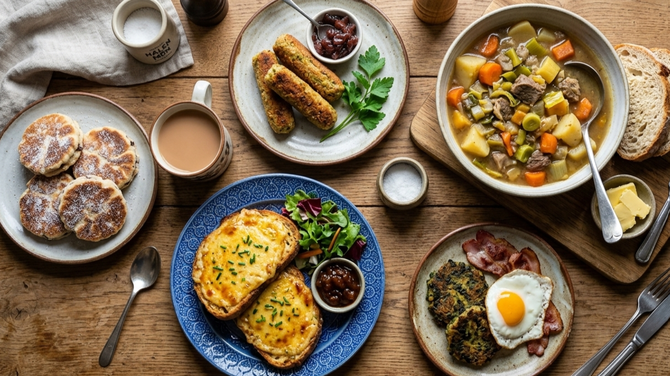 A top-down flat-lay of a traditional Welsh food spread on a wooden table, including Welsh rarebit, a hearty meat and vegetable stew (cawl) with sliced bread, Glamorgan sausages, laverbread with bacon and a fried egg, and a plate of Welsh cakes.