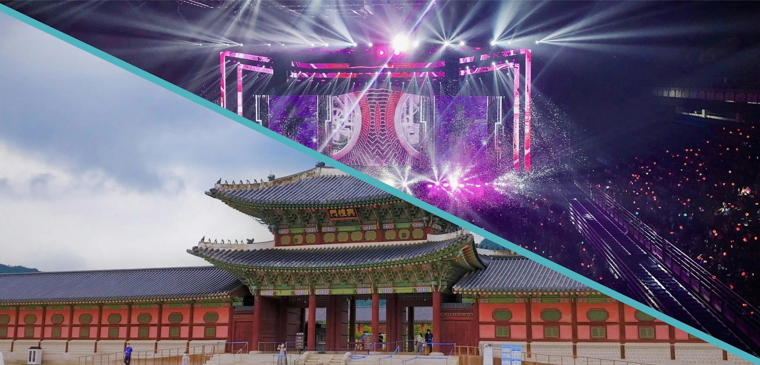 A split-screen image comparing a traditional Korean palace gate with a vibrant, neon-lit K-pop concert stage.