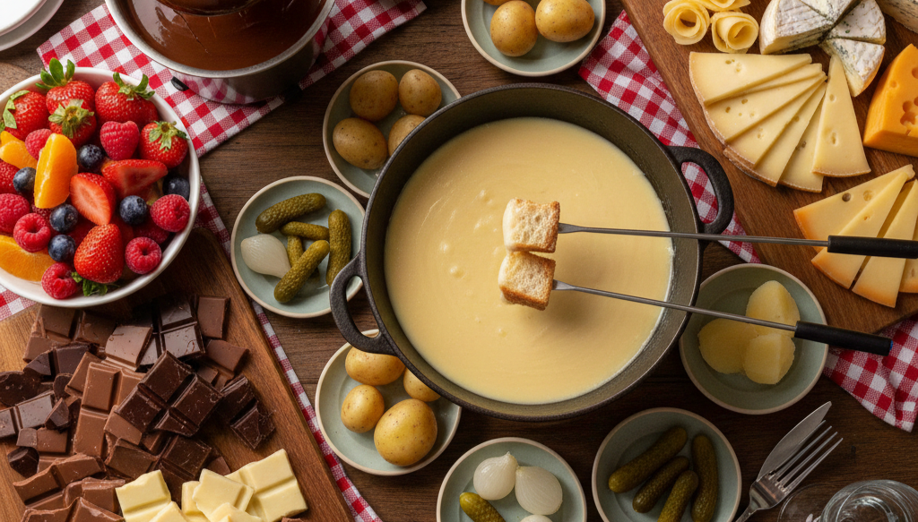A top-down spread of Swiss delicacies featuring a central pot of cheese fondue, bread cubes on forks, assorted cheeses, chocolates, potatoes, and fresh berries.