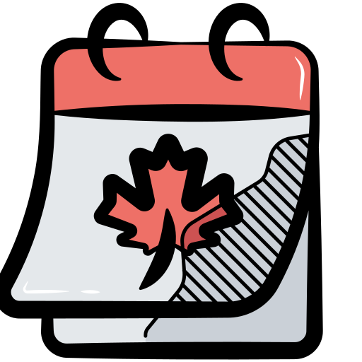 A cartoon style icon of a wall calendar with a maple leaf on it.
