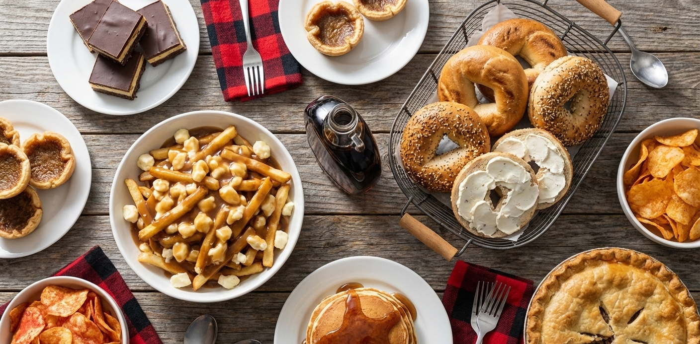 A top-down spread of Canadian foods on a wooden table, including poutine, Montreal bagels, Nanaimo bars, butter tarts, and ketchup chips.