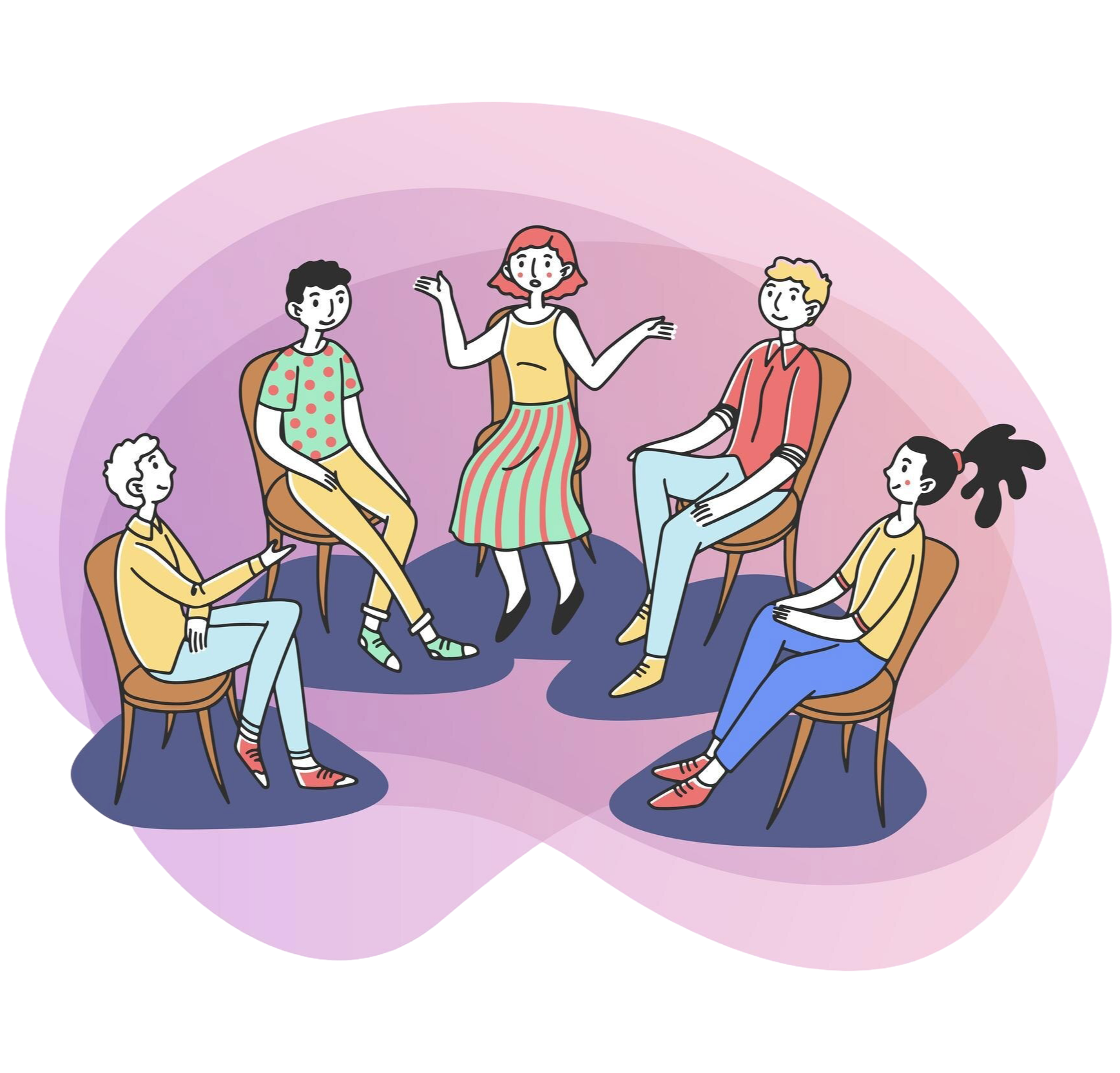 A colorful line drawing of five people sitting in a circle on wooden chairs, engaged in a group conversation against a pink abstract backdrop.