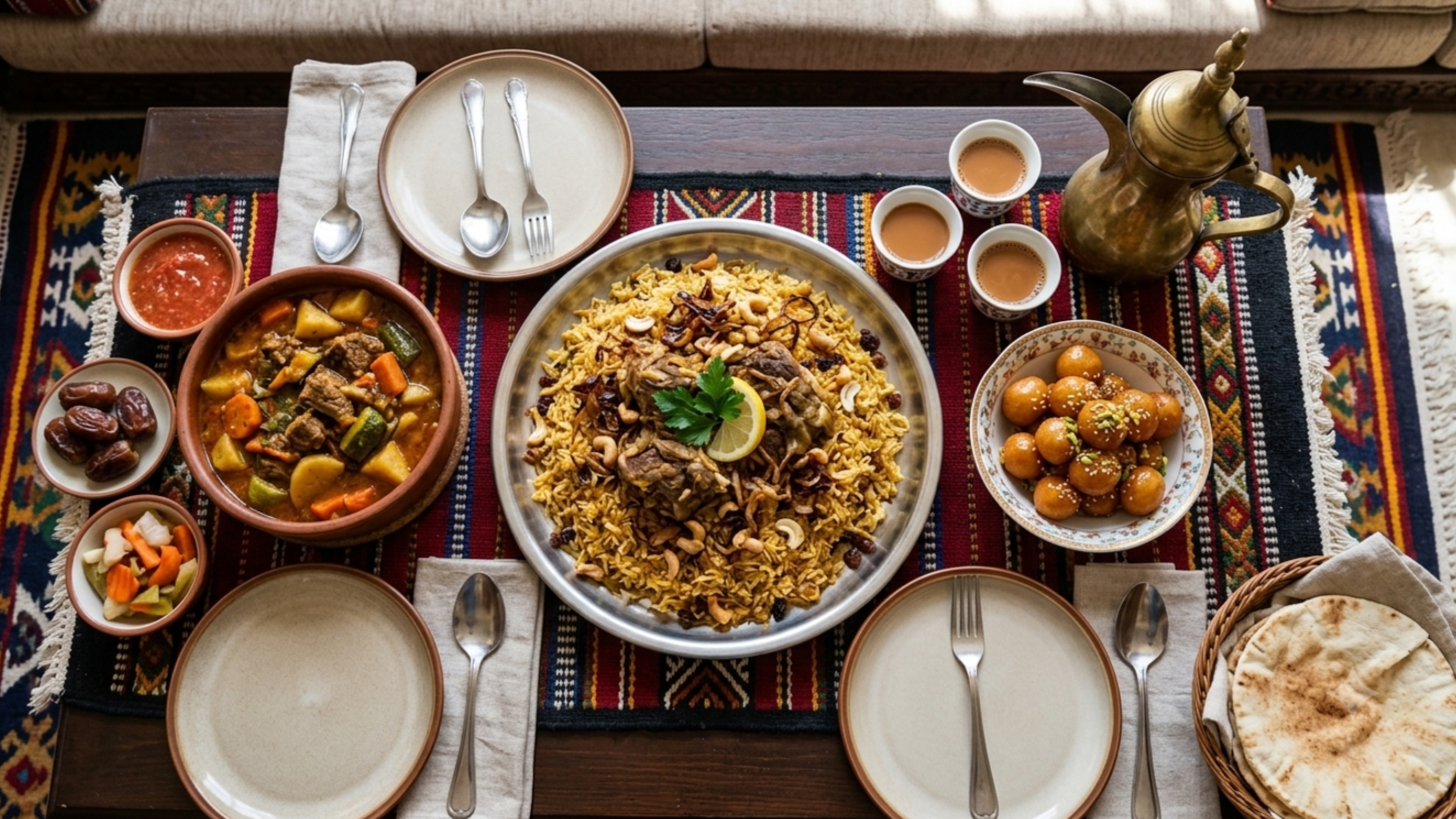 A traditional Qatari culinary feast featuring chicken machboos, lamb stew, luqaimat, flatbread, and hot karak tea.
