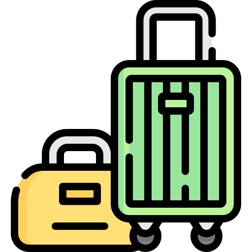 A flat-style illustration of a green rolling suitcase standing next to a smaller yellow duffel bag.