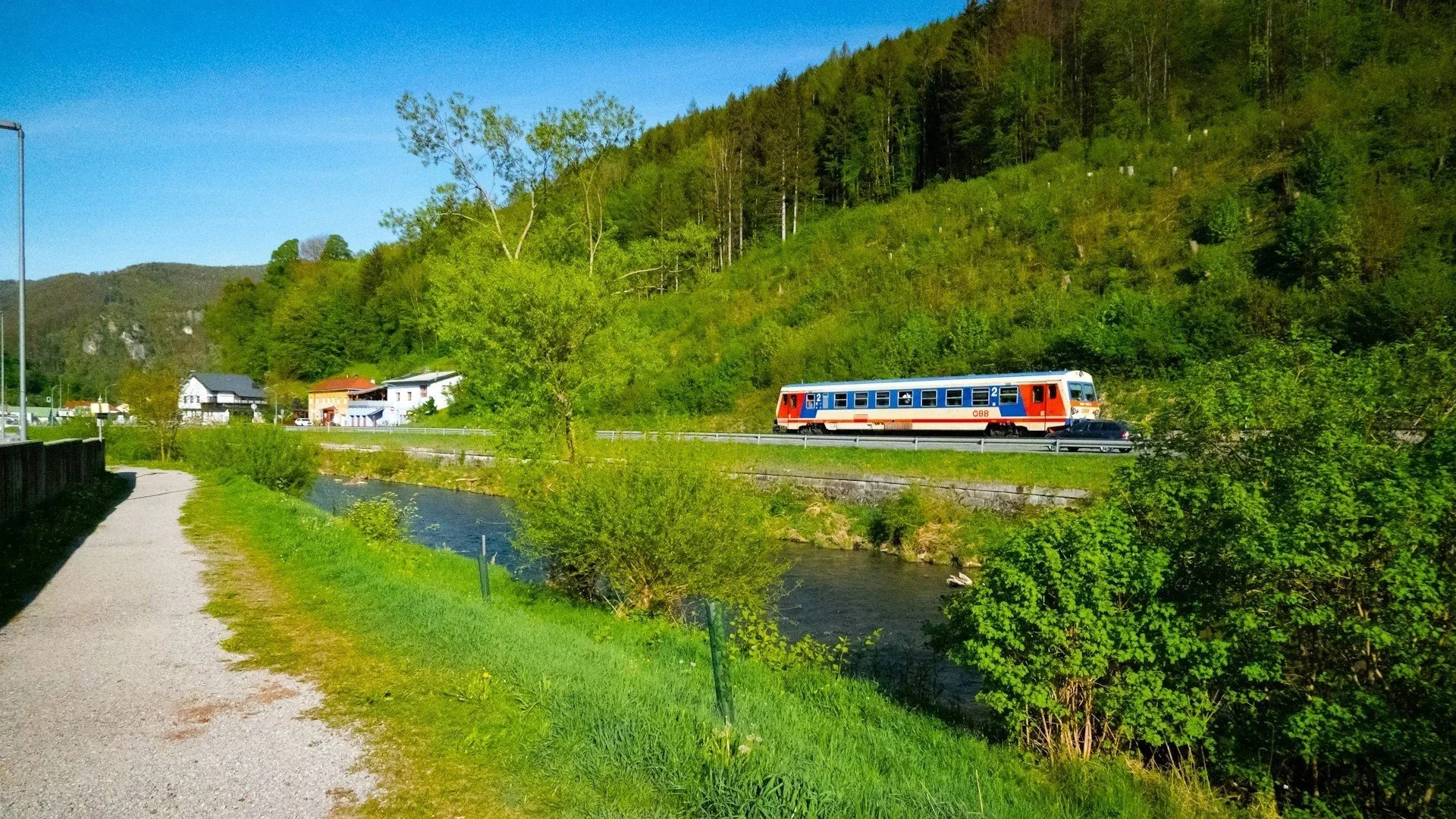 A red, blue, and white passenger train traveling along a hillside track next to a small river and a walking path in a lush green valley.