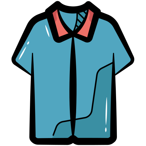 A simple cartoon icon of a blue polo shirt with a red collar.