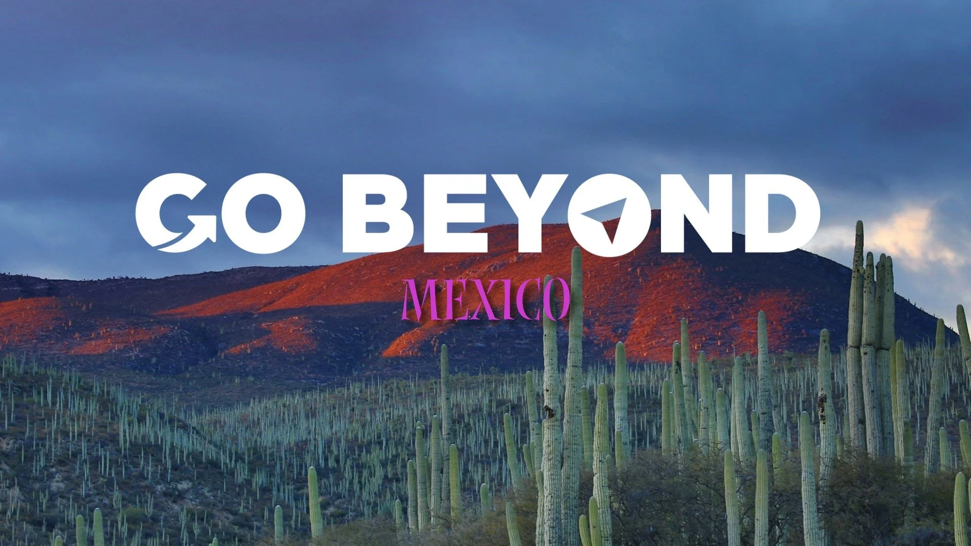 A desert landscape filled with tall cacti under a dark, cloudy sky. A red-lit mountain rises in the background with the text "GO BEYOND MEXICO" overlaid in white and pink.