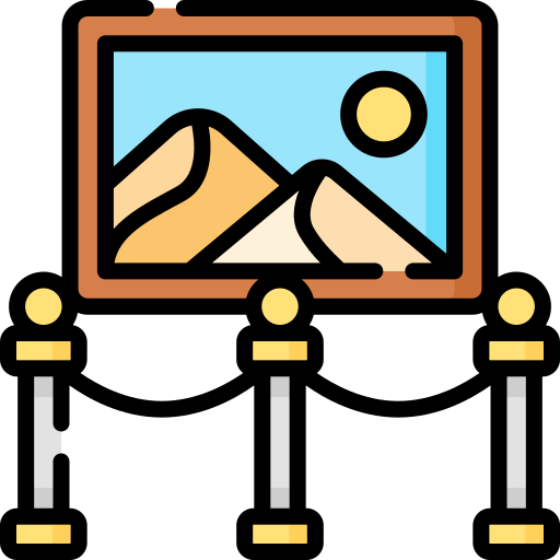 An icon depicting a desert landscape painting with sand dunes and a sun, displayed behind a museum stanchion rope.